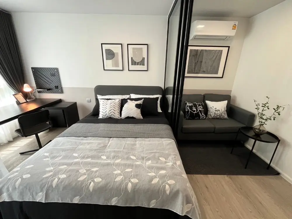 ให้เช่าKave Town colony ใกล้ม.กรุงเทพ ตึก B ชั้น 1 วิวสระ ห้องใหม่ เฟอร์ครบ 1 Bedroom
